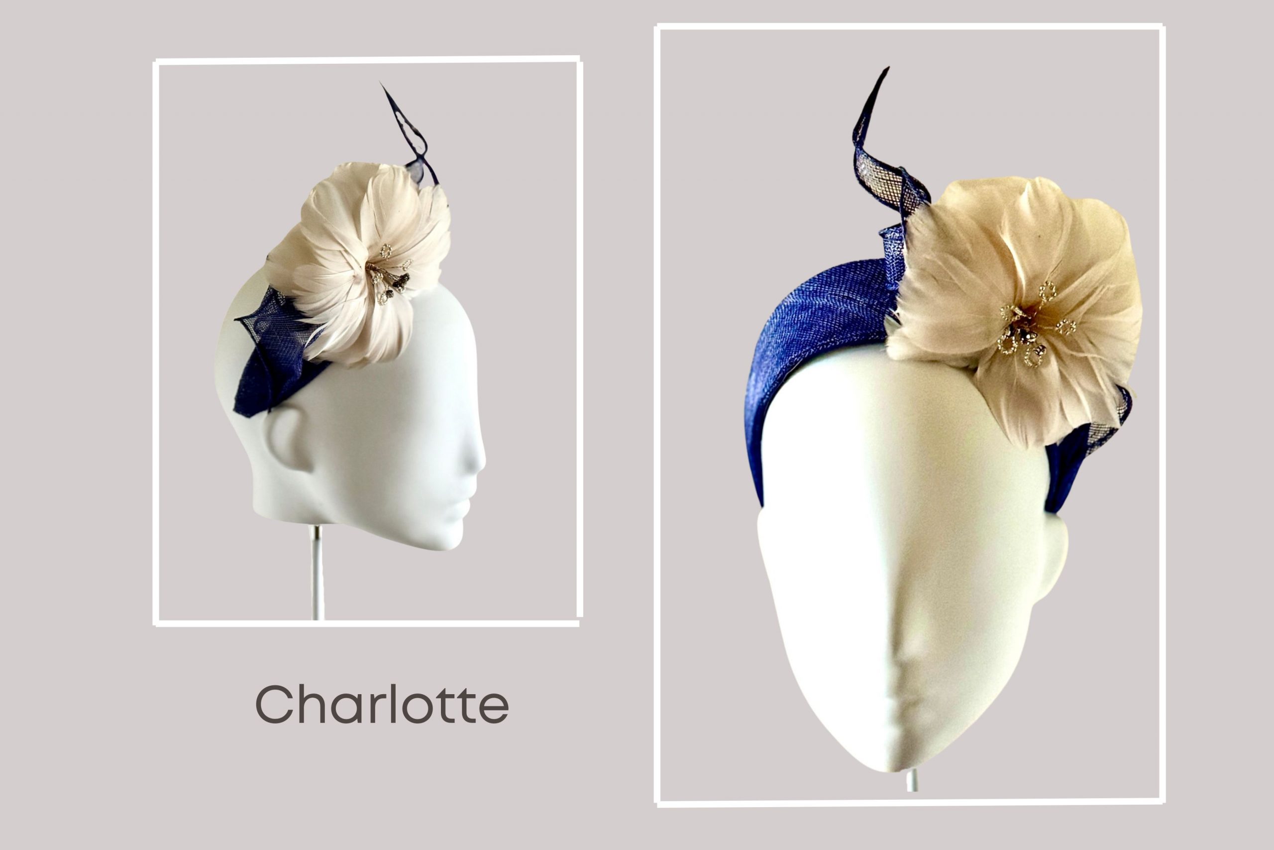 Charlotte - hyacinth blue halo style with a beaded feather flower trim