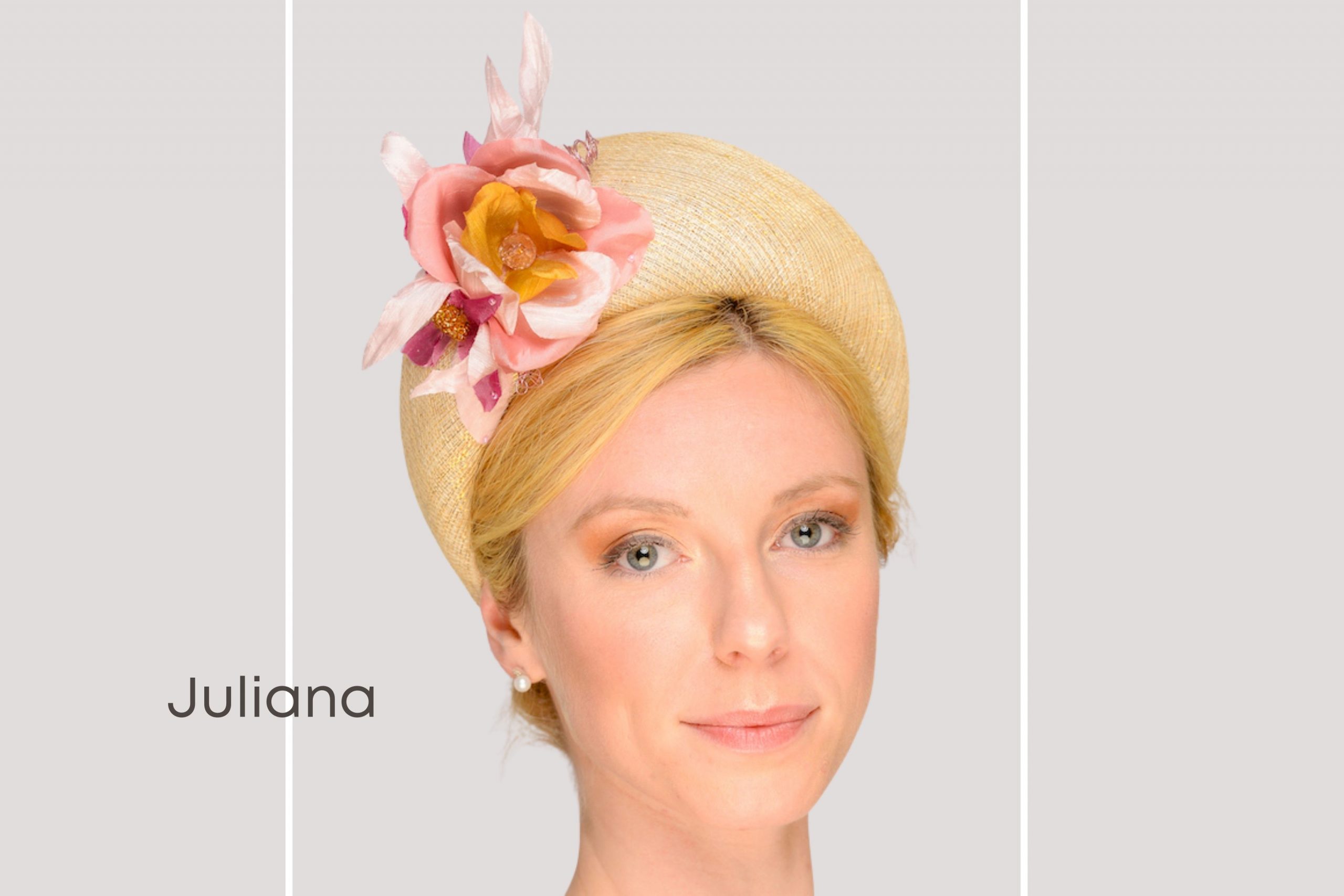 Julianna is a gold lustre sinamay crown with handmade silk flowers