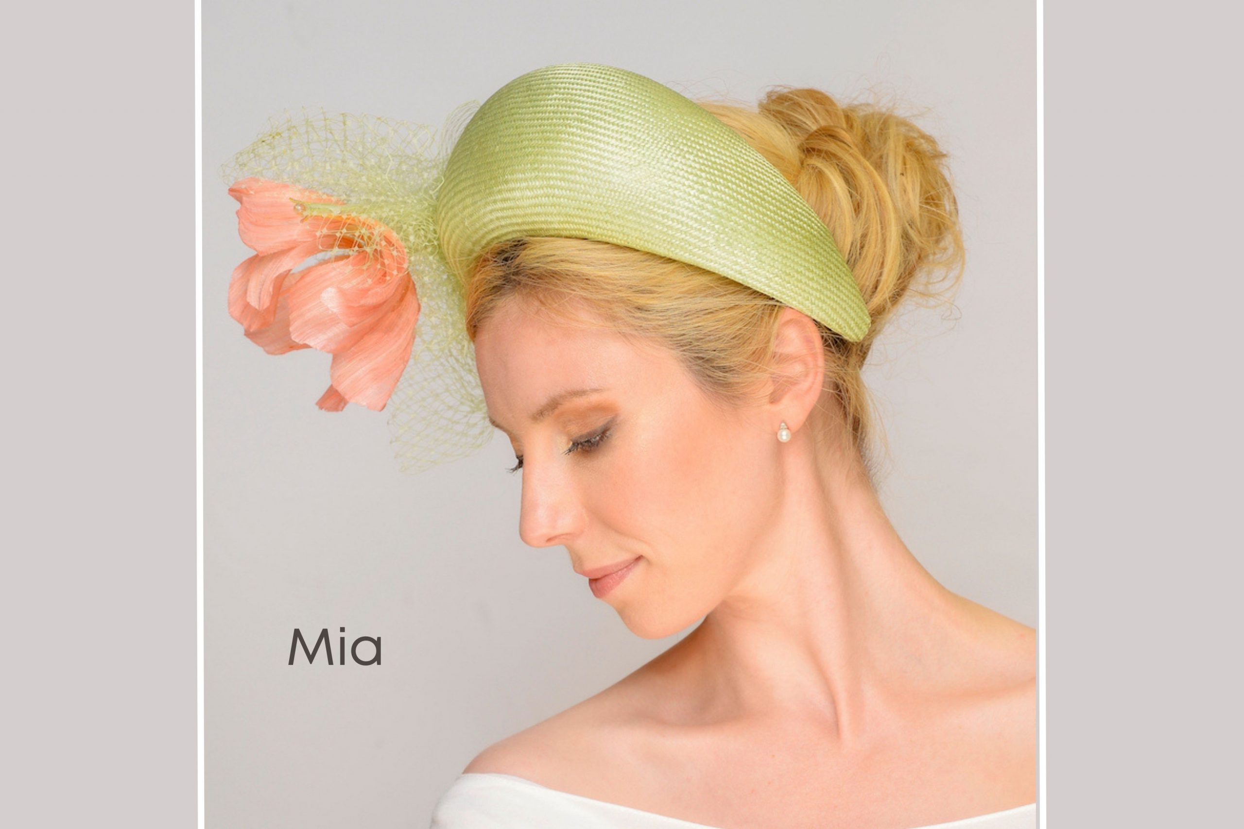 Mia is a fresh green parisisal straw halo, finished with hand painted tulips